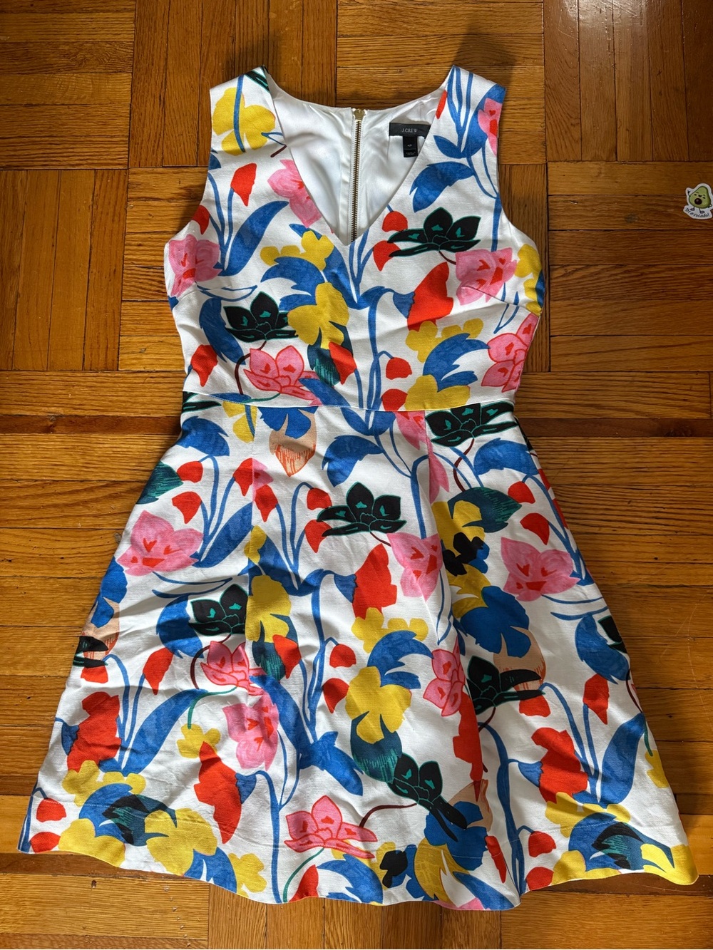 J. Crew 4p White Dress with Blue and Red Floral Print